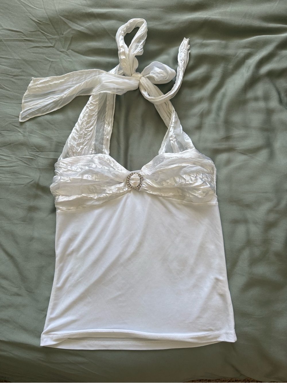 White Halter Tank Top with Gem Accent